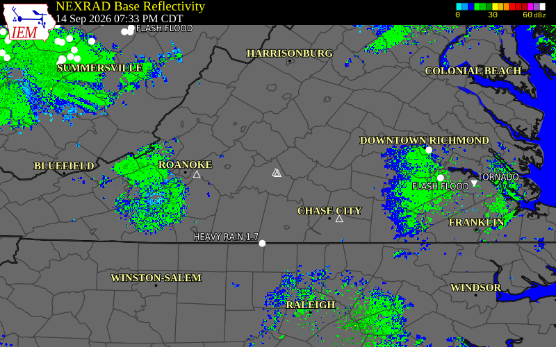 Current NEXRAD radar over Campbell County, Virginia with recent storm report locations