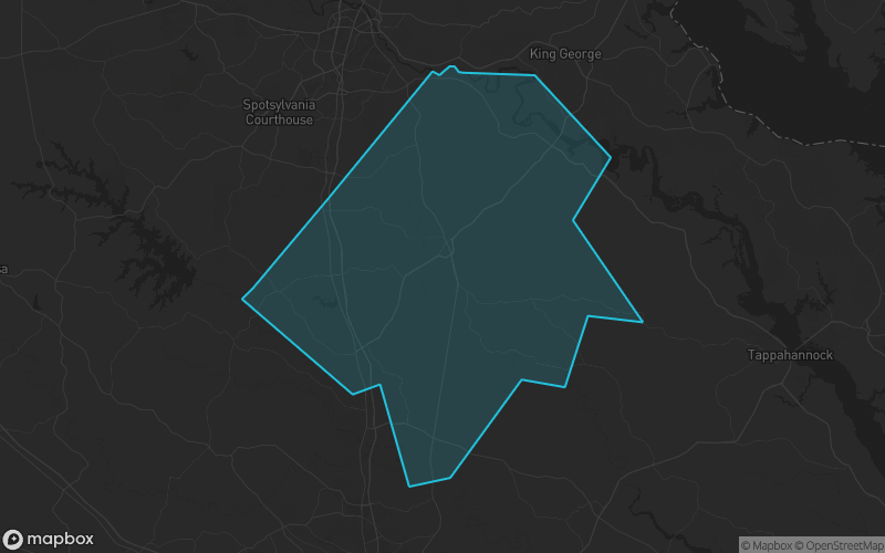Map of Caroline County, Virginia showing the county boundary and surrounding cities