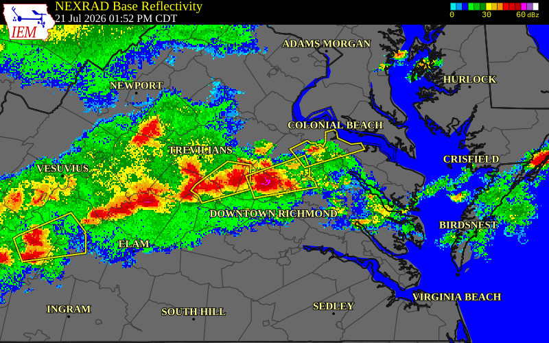 NEXRAD radar during the Tuesday, July 21, 2026 storm activity in Caroline County, Virginia