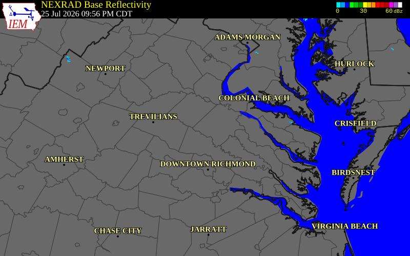 NEXRAD radar during the Saturday, July 25, 2026 storm activity in Caroline County, Virginia