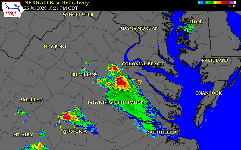 NEXRAD radar during the Sunday, July 26, 2026 storm activity in Caroline County, Virginia