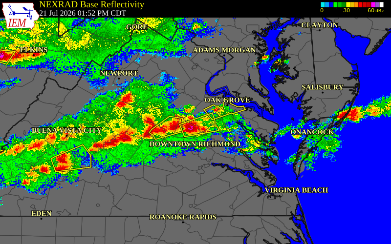 Radar snapshot during the Jul 21, 2026 hail event near 4 SSE Golansville, Caroline County, Virginia, with NWS warning polygons