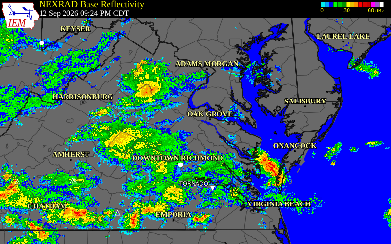 Current NEXRAD radar over Caroline County, Virginia with recent storm report locations
