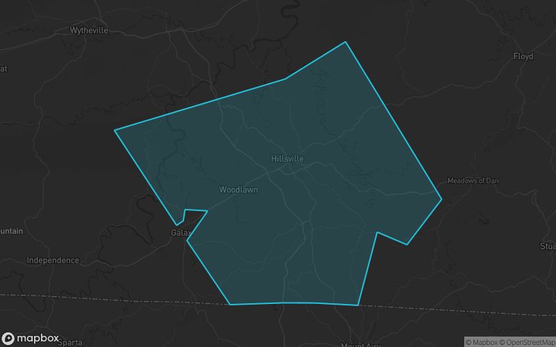 Map of Carroll County, Virginia showing the county boundary and surrounding cities