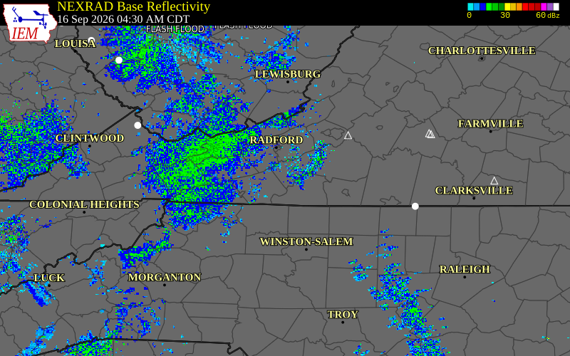 Current NEXRAD radar over Carroll County, Virginia with recent storm report locations