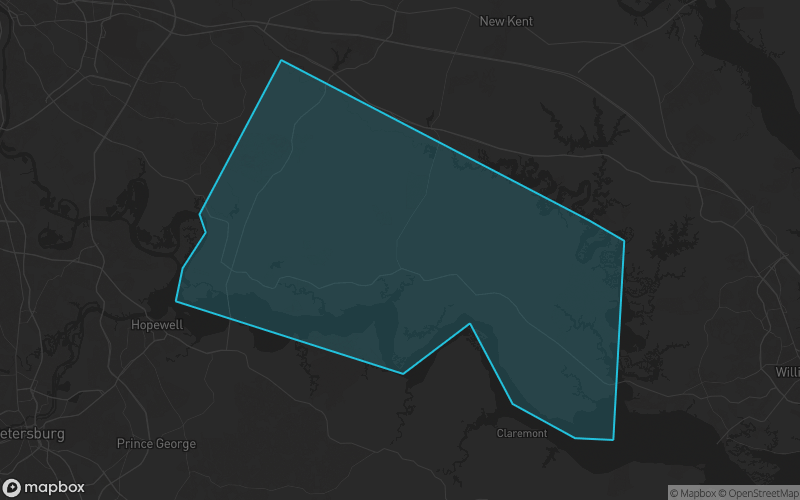Map of Charles City County, Virginia showing the county boundary and surrounding cities