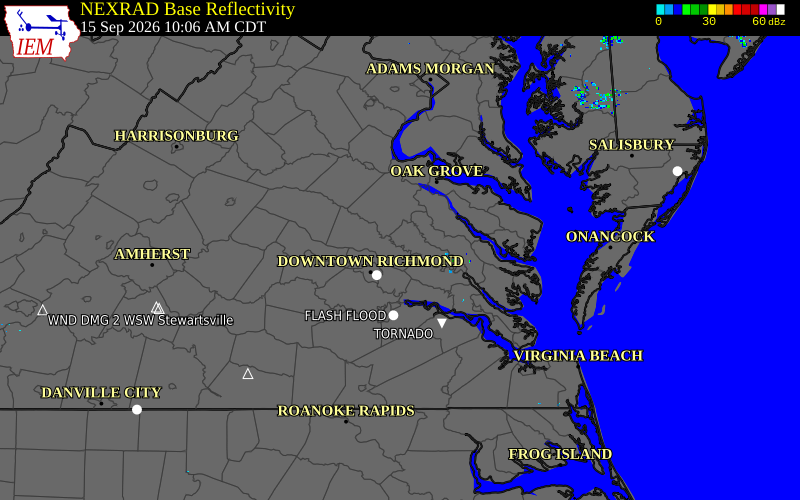 Current NEXRAD radar over Charles City County, Virginia with recent storm report locations