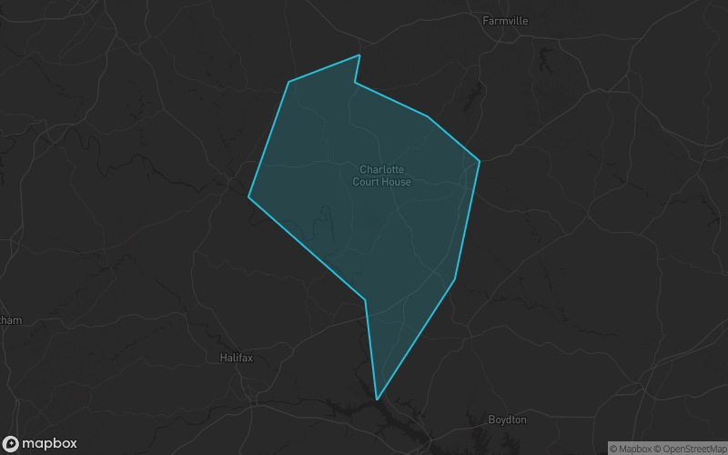 Map of Charlotte County, Virginia showing the county boundary and surrounding cities