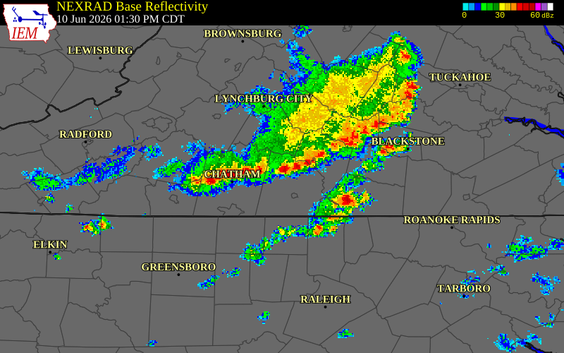 NEXRAD radar during the Wednesday, June 10, 2026 storm activity in Charlotte County, Virginia