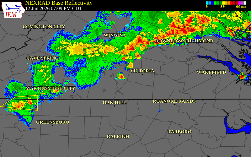 NEXRAD radar during the Friday, June 12, 2026 storm activity in Charlotte County, Virginia