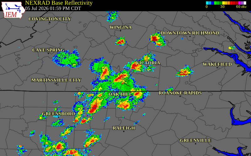 NEXRAD radar during the Sunday, July 5, 2026 storm activity in Charlotte County, Virginia