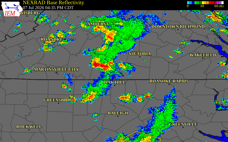 NEXRAD radar during the Tuesday, July 7, 2026 storm activity in Charlotte County, Virginia