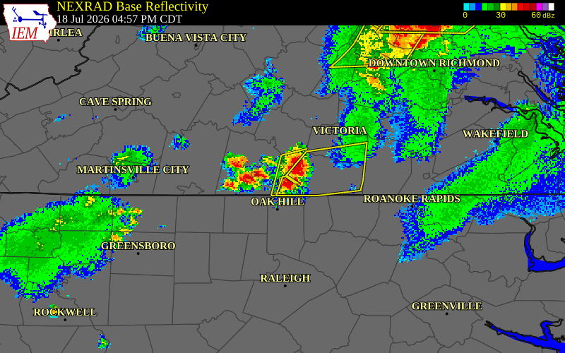 NEXRAD radar during the Saturday, July 18, 2026 storm activity in Charlotte County, Virginia