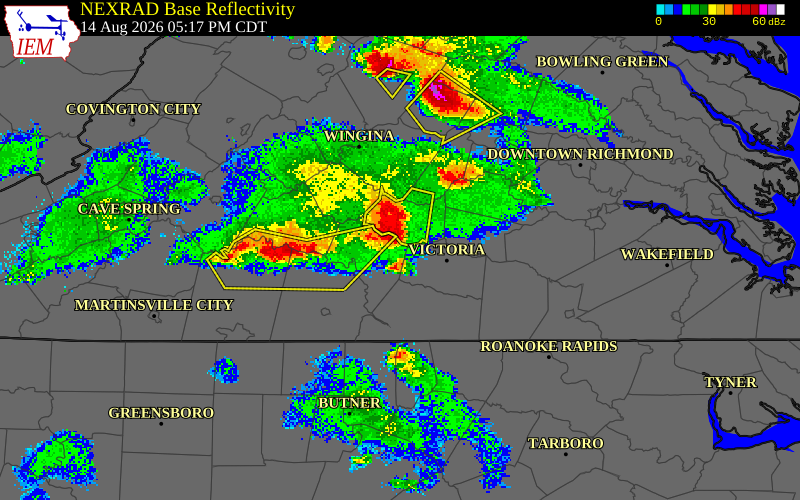 NEXRAD radar during the Friday, August 14, 2026 storm activity in Charlotte County, Virginia