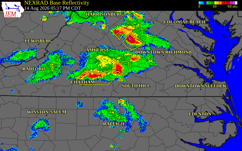 Radar snapshot during the Aug 14, 2026 wind event near Charlotte County, Charlotte County, Virginia, with NWS warning polygons