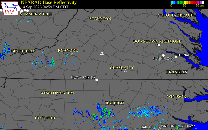 Current NEXRAD radar over Charlotte County, Virginia with recent storm report locations