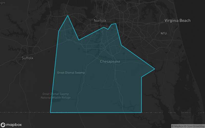 Map of Chesapeake County, Virginia showing the county boundary and surrounding cities