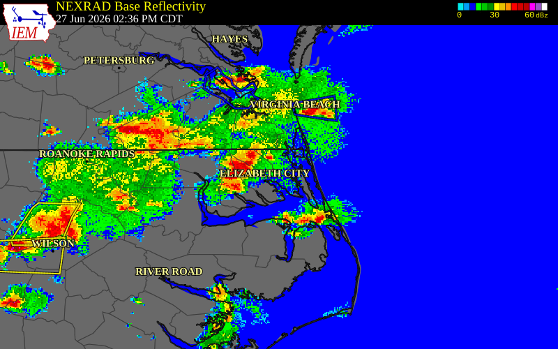 NEXRAD radar during the Saturday, June 27, 2026 storm activity in Chesapeake County, Virginia