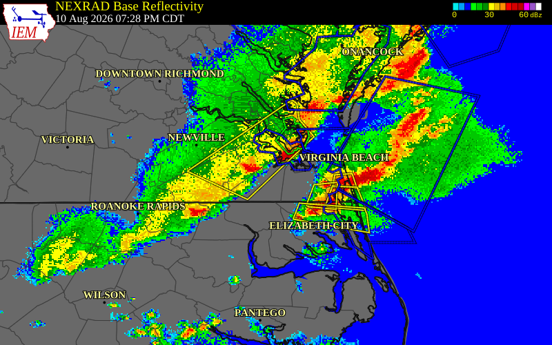 NEXRAD radar during the Monday, August 10, 2026 storm activity in Chesapeake County, Virginia