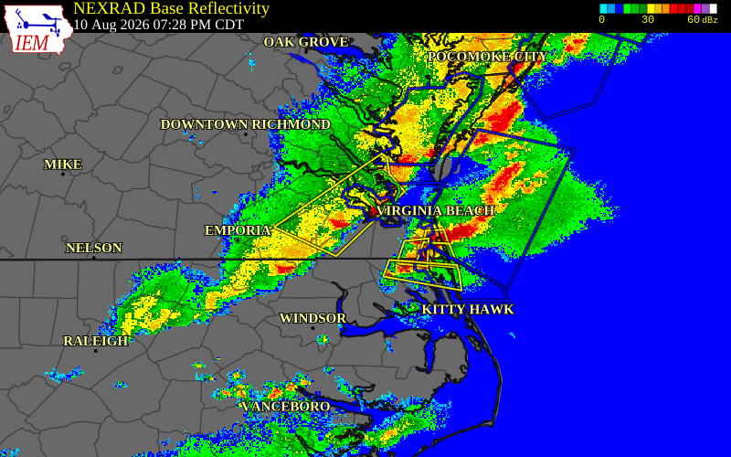 Radar snapshot during the Aug 10, 2026 wind event near Chesapeake County, Chesapeake County, Virginia, with NWS warning polygons