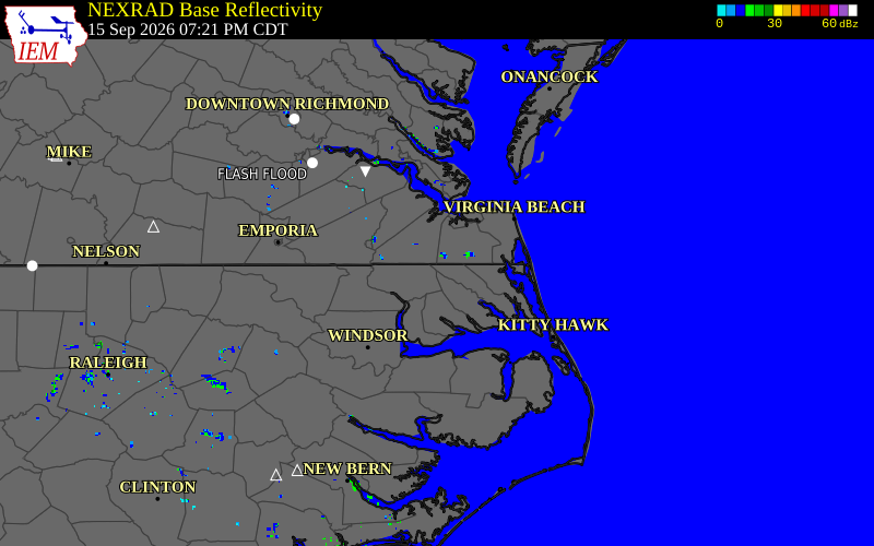 Current NEXRAD radar over Chesapeake County, Virginia with recent storm report locations