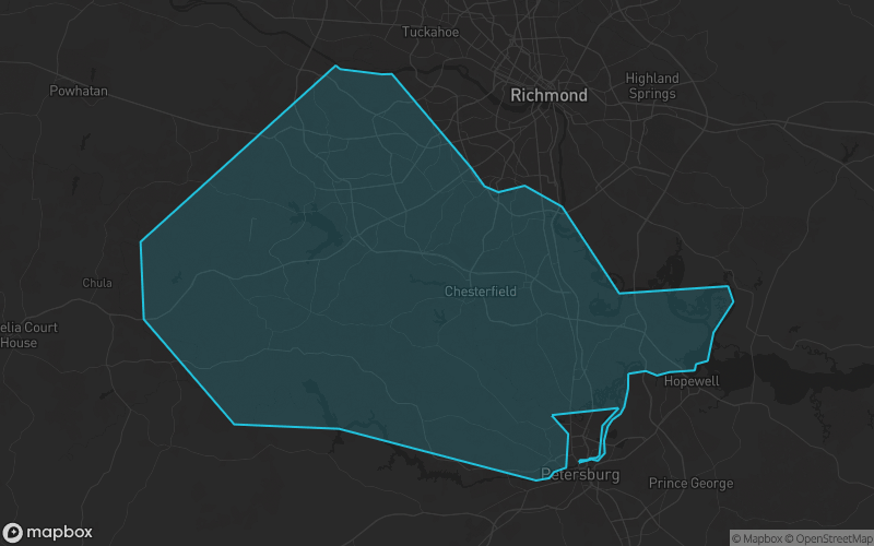 Map of Chesterfield County, Virginia showing the county boundary and surrounding cities