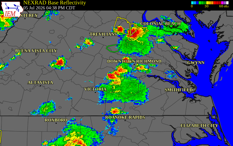 NEXRAD radar during the Sunday, July 5, 2026 storm activity in Chesterfield County, Virginia