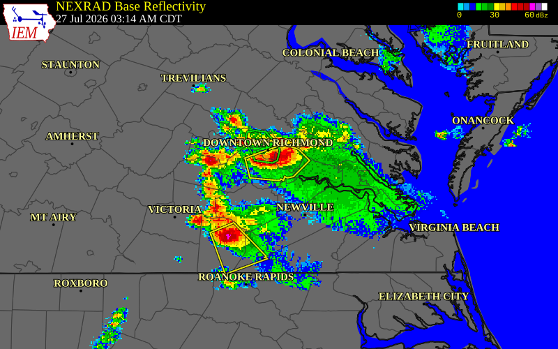 NEXRAD radar during the Monday, July 27, 2026 storm activity in Chesterfield County, Virginia