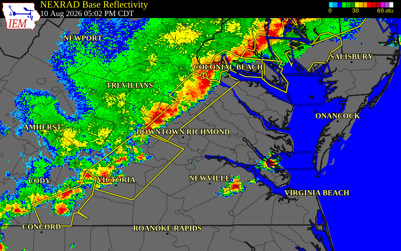 NEXRAD radar during the Monday, August 10, 2026 storm activity in Chesterfield County, Virginia