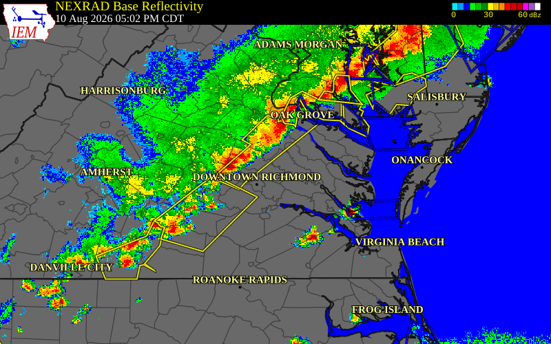 Radar snapshot during the Aug 10, 2026 wind event near Chesterfield County, Chesterfield County, Virginia, with NWS warning polygons