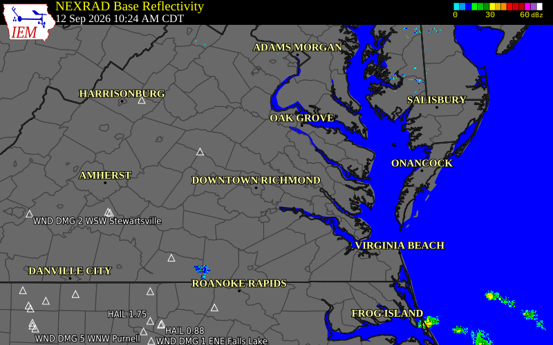 Current NEXRAD radar over Chesterfield County, Virginia with recent storm report locations