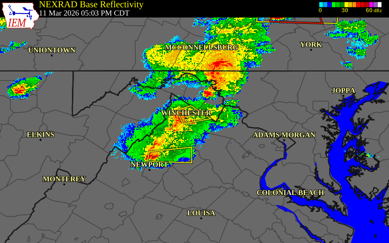 NEXRAD radar during the Wednesday, March 11, 2026 storm activity in Clarke County, Virginia