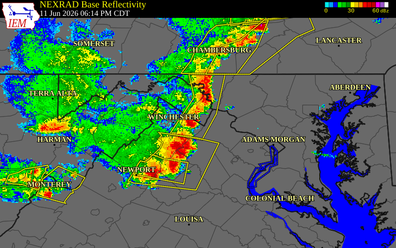 NEXRAD radar during the Thursday, June 11, 2026 storm activity in Clarke County, Virginia