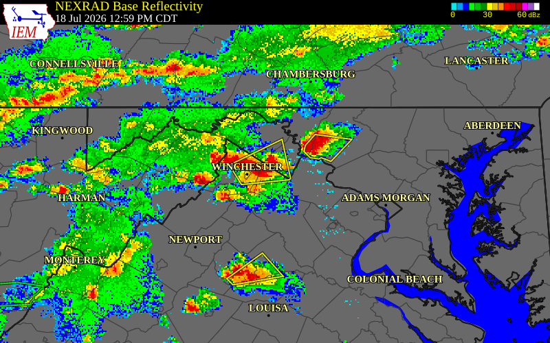 NEXRAD radar during the Saturday, July 18, 2026 storm activity in Clarke County, Virginia