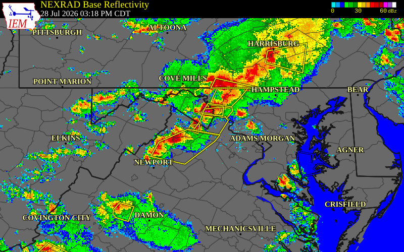 Radar snapshot during the Jul 28, 2026 hail event near 1 WNW Wickliffe, Clarke County, Virginia, with NWS warning polygons