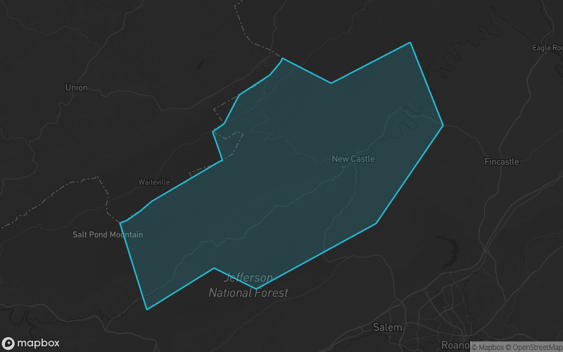 Map of Craig County, Virginia showing the county boundary and surrounding cities