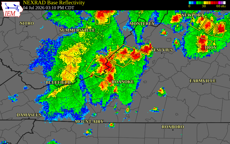 NEXRAD radar during the Saturday, July 4, 2026 storm activity in Craig County, Virginia