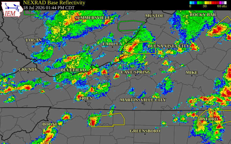 NEXRAD radar during the Saturday, July 18, 2026 storm activity in Craig County, Virginia