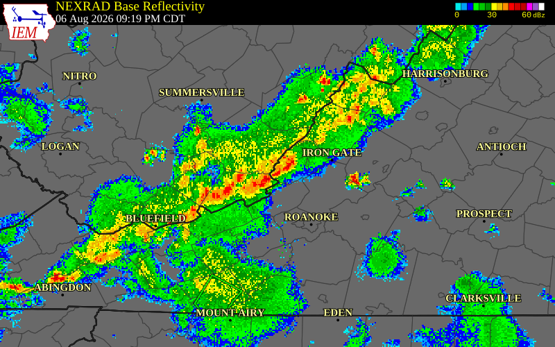 NEXRAD radar during the Thursday, August 6, 2026 storm activity in Craig County, Virginia
