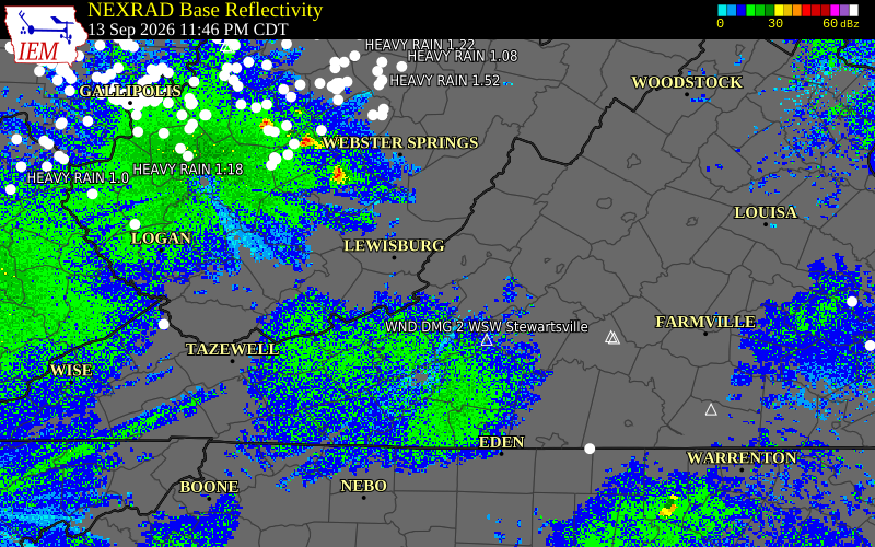 Current NEXRAD radar over Craig County, Virginia with recent storm report locations