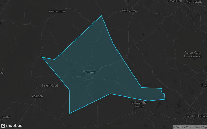 Map of Culpeper County, Virginia showing the county boundary and surrounding cities
