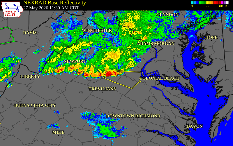 NEXRAD radar during the Wednesday, May 27, 2026 storm activity in Culpeper County, Virginia