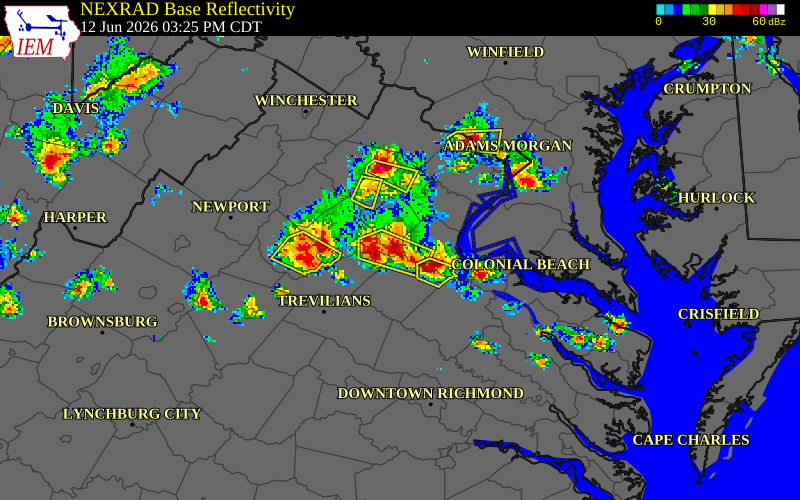 NEXRAD radar during the Friday, June 12, 2026 storm activity in Culpeper County, Virginia
