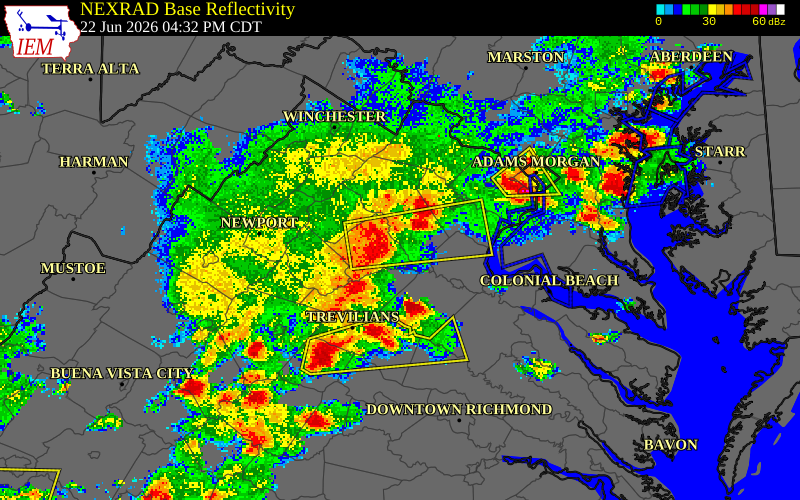 NEXRAD radar during the Monday, June 22, 2026 storm activity in Culpeper County, Virginia