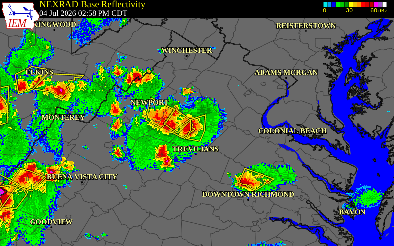 NEXRAD radar during the Saturday, July 4, 2026 storm activity in Culpeper County, Virginia