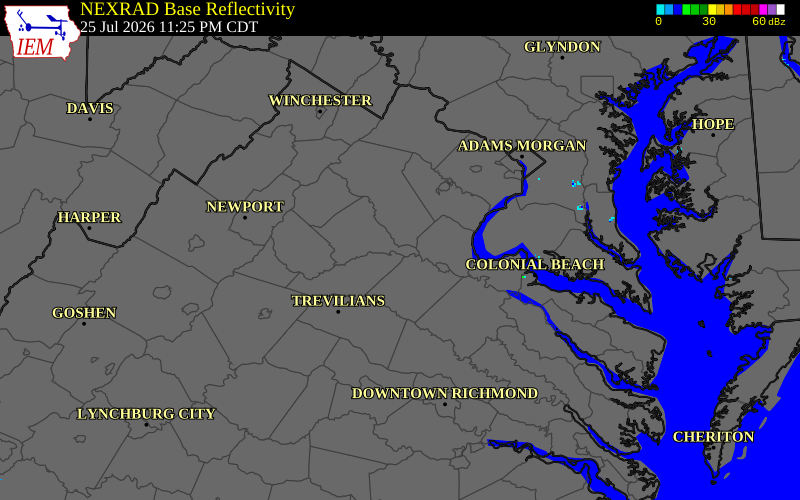 NEXRAD radar during the Sunday, July 26, 2026 storm activity in Culpeper County, Virginia
