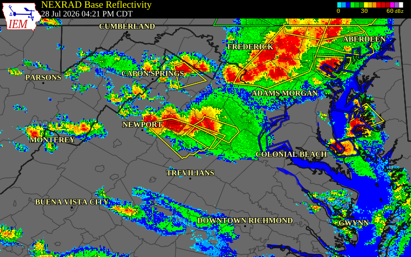 NEXRAD radar during the Tuesday, July 28, 2026 storm activity in Culpeper County, Virginia