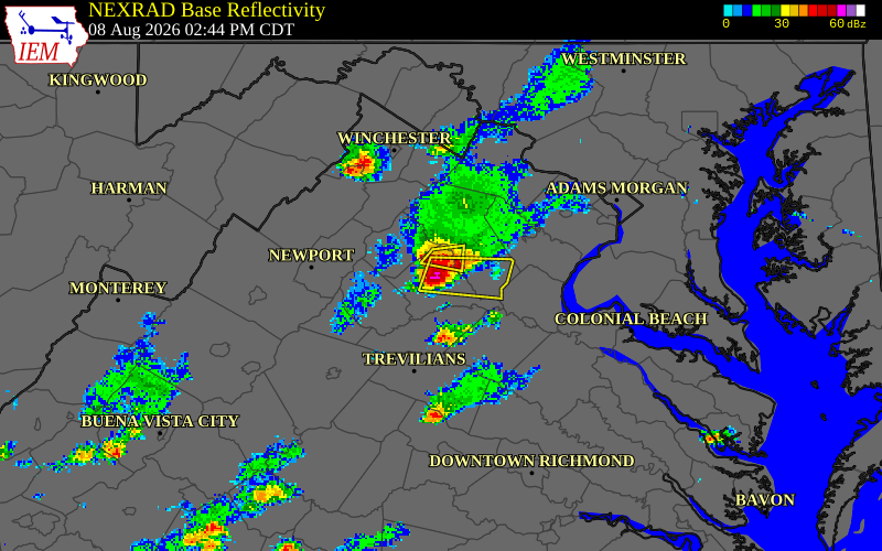 NEXRAD radar during the Saturday, August 8, 2026 storm activity in Culpeper County, Virginia