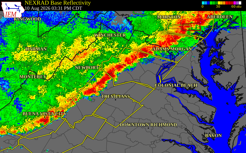 NEXRAD radar during the Monday, August 10, 2026 storm activity in Culpeper County, Virginia