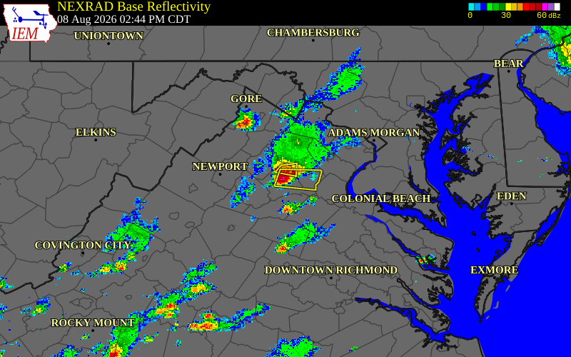 Radar snapshot during the Aug 8, 2026 wind event near 1 WSW Alanthus, Culpeper County, Virginia, with NWS warning polygons